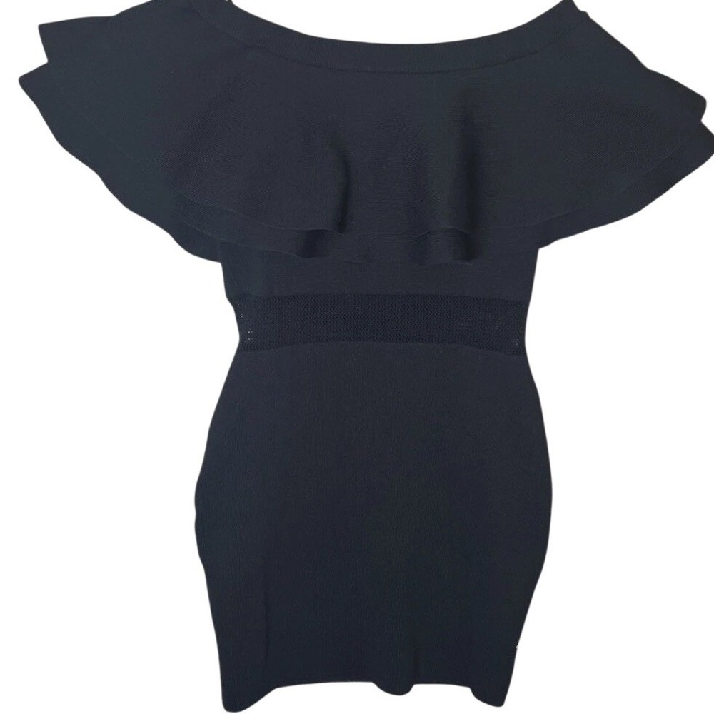 Endless Rose Black Off The Shoulder Ruffle Mesh Waist Knit Mini Dress Small